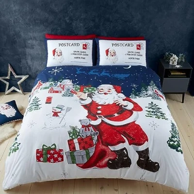 Image of Catherine Lansfield Retro Father Christmas Reversible King Duvet Cover Set with Pillowcases Navy Blue