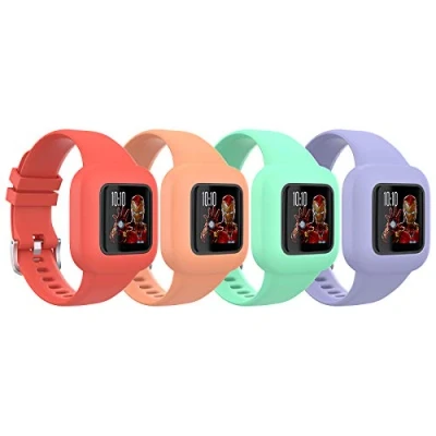 Image of TiMOVO Strap Compatible with Garmin Vivofit jr 3, [4 PACK] Soft Silicone Wristband, Adjustable Replacement Accessories for Kids, fit 3 Red &amp; Orange Light Green Purple