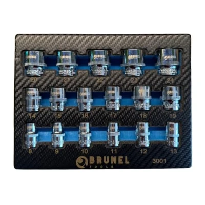 Image of BRUNEL Tools 17pc 3/8 DR Shallow Sockets Set 6 Point 8 24mm EVA Tray BR3001