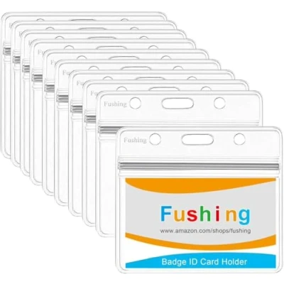 Image of Fushing 10 PCS Clear Waterproof Plastic Badge Holders Name Tag ID Card (100x85mm) (Horizontal)