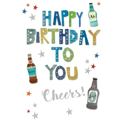 Image of Open Male Birthday Card Beer Bottles Blue Green Writing Silver Foil 7.75x5.25&quot;