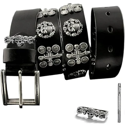 Image of Men&#039;s Punk Genuine Leather Belts Biker Rock Skull Cross Black Waist Strap belt