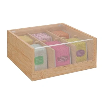Image of Relaxdays Tea Box, 6 Compartments, Organiser, Bag Storage, Bamboo, with Window, HWD: 9.5 x 22 21.5 cm, Natural, 9,5 21,5 cm