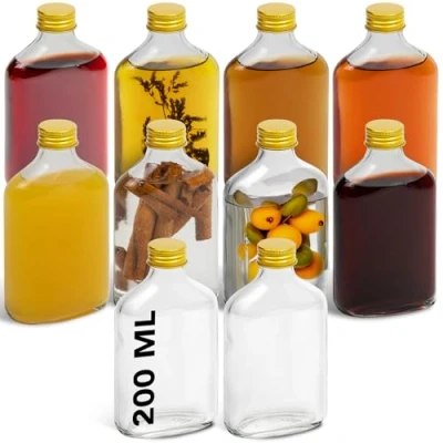 Image of HEFTMAN Flask Small Glass Bottles 12 Pack 200ml Empty with Gold Lids Airtight, Reusable Bottle Lid Perfect for Gin, Wine, Vinegar, Homemade Beverages, Sauces, Décor