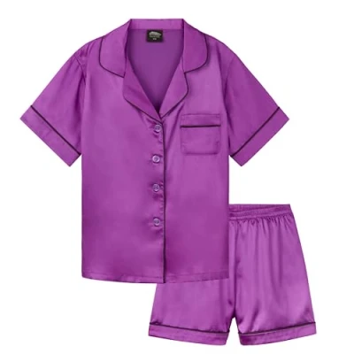 Image of CityComfort Girls Short Pyjama Sets Satin, Button Down 2 Piece Set Gifts (Purple, 11 12 Years)