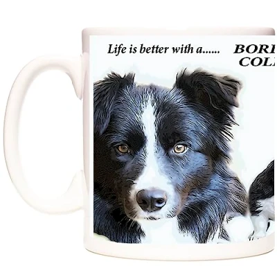 Image of KAZMUGZ border COLLIE MUG, Life is Better with A... 11oz ceramic mug images of black and white brown collies