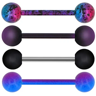 Image of OUFER 4 Pieces 14G 316L Stainless Steel Purple Black Splatter Tongue Barbell Piercing Jewellery Surgical Bars