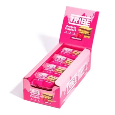 Image of TRIBE 3 Layered Protein Flapjack Raspberry, 50g Healthy Snack Bars Vegan, Dairy Free &amp; Gluten (Pack of 12 Bars)
