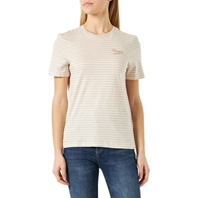 Image of ONLY Women&#039;s Onlweekday Reg S/S Stripe Top Box JRS T Shirt, Pumice Stone/Print:Happy (Nomad), M