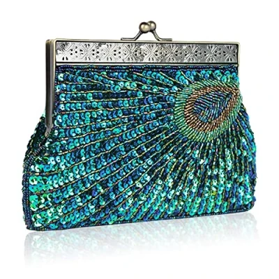 Image of YYW Vintage Clutch Sequin Teal Peacock Unusual Antique Beaded Evening Handbag Women&#039;s Fashion Designer Elegant Purse (Peacock blue)