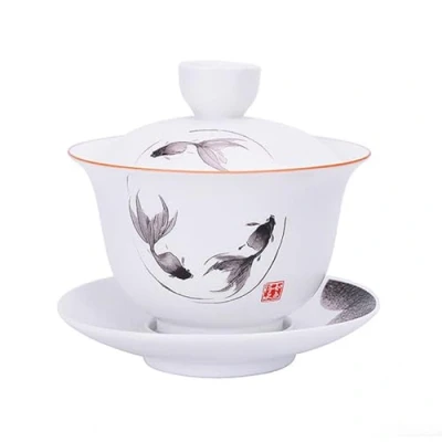 Image of Porcelain Gaiwan 8oz Teacup White Glazed Tureen Chinese Sancai Cover Bowl Lip Cup Saucer Set (Fish)