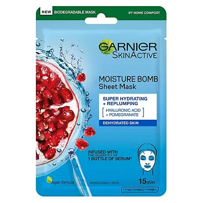Image of Garnier Moisture Bomb Pomegranate and Hyaluronic Acid Sheet Mask, Super Hydrating &amp; Replumping Face For Dehydrated Skin, Biodegradable Vegan Tissue, 28g