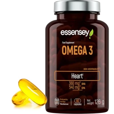 Image of Essensey Omega 3 Fish Oil Capsules with DHA, EPA &amp; Vitamin E 90 Softgels for Brain Heart Eye Health Essential Fatty Acids Supplement