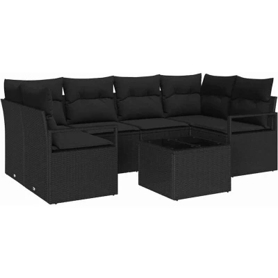 Image of vidaXL 7 Piece Garden Sofa Set with Cushions Black Poly Rattan
