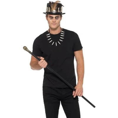 Image of Smiffys Voodoo Kit, with Feather Top Hat, Black Detachable Skull Cane &amp; Bone Necklace, Halloween Fancy Dress Accessory, Woman Up Accessories