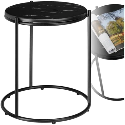 Image of TecTake® Marble Coffee Table in Round Design with Robust &amp; Removable Top, Sturdy Steel Frame Height Adjustable Feet, Elegant Side for Living Room, Bedroom Hallway Black