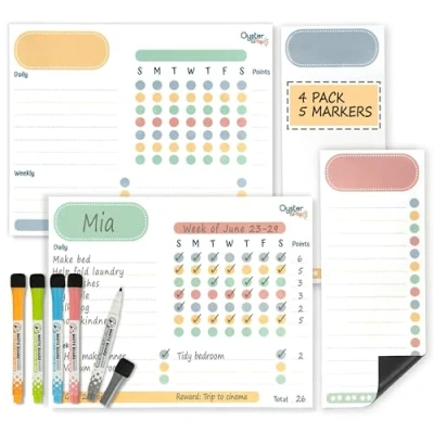 Image of Magnetic 4pcs Chart Set for Fridge Pastel Chore Charts Multiple Kids To Do List &amp; Blank Memo Sheet 5 Fine Tip Markers Dry Erase Refrigerator White Boards Organise the Family