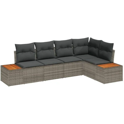 Image of vidaXL 5 Piece Garden Sofa Set with Cushions Grey Poly Rattan Acacia