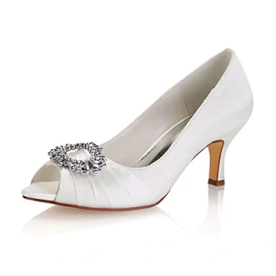 Image of Emily Bridal Silk Mother Shoes Rhinestones Peep Toe Wedding Kitten Heel Guest (EU38/UK5, Ivory)
