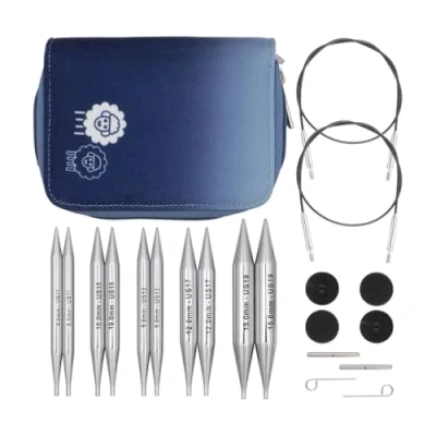 Image of KnitPro Nova Interchangeable Needle Set 5 x 13cm Circular Knitting Pin Pairs with Accessories Chunky for Beginners, Professionals &amp; Gift Set, Silver