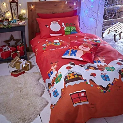 Image of Catherine Lansfield Santa&#039;s Christmas Presents Reversible Junior Duvet Cover Set with Pillowcases Red