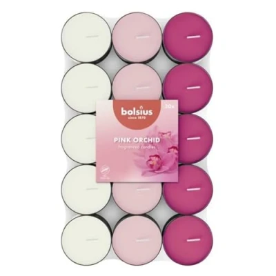 Image of Bolsius 30 Scented tealights Pink Orchid Burning time of 3.5 Hours Diameter 38 mm Natural extracts Contains Vegan Wax No Palm Oil