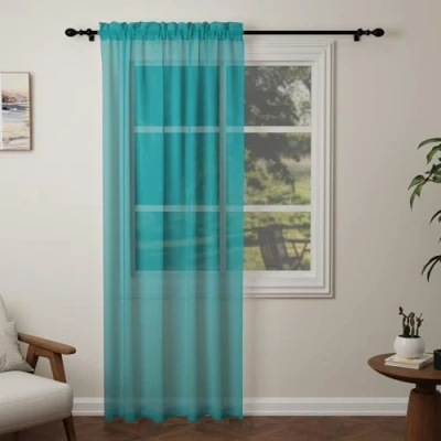 Image of Pacok Teal Voile Curtains, 90 Drop Net Curtain for Windows, Rod Pocket Sheer Panel Curtains Living Room Kitcken Bedroom W56xL90 Inch(Teal, 142 x 228cm)