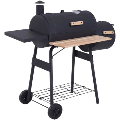 Image of Outsunny Charcoal Barbecue Grill with Offset Smoker, Barrel BBQ Trolley 3 Storage Shelves &amp; Thermometer for Outdoor Garden Camping Picnic Cooking, Black