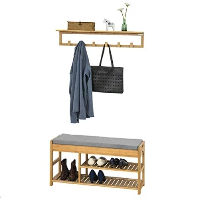 Image of SoBuy® FSR47 N+FHK06 N, Hallway Furniture Set, Bamboo Shoe Rack Bench with Wall Coat