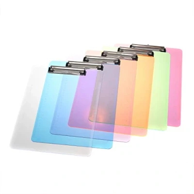 Image of [Pack of 6] A4 Clipbboard Transparent Plastic, Rubberized Metal clamp, Durable Assorted Coloured Paper Holder Writing Memo Document Form Holder, Board, Ruler Edge Design, 6 Colors, TKD8000