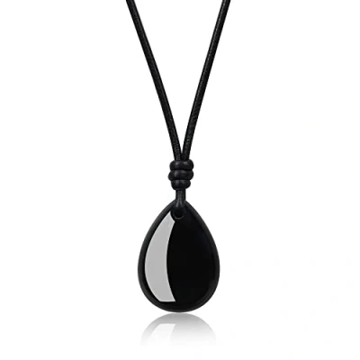 Image of COAI Leather Necklace Teardrop Crystal for Women Men, Black Obsidian