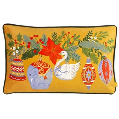 Image of furn. Deck The Halls Embroidered Piped Velvet Feather Filled Cushion Green One Size