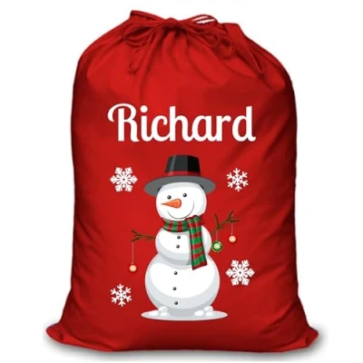 Image of Personalised Christmas Sack Santa Reindeer Red Custom Name Gift Bag for Kids &amp; Adults Festive Large Reusable Holiday Present (Snowman)