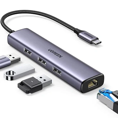 Image of UGREEN USB C Hub Ethernet, Gigabit Network Adapter with an RJ45 LAN Internet Port &amp; 3 5Gbps 3.0 Ports Compatible Thunderbolt Mac, iPhone 15 Pro, Steam Deck, Switch, Hard Drive, Mouse