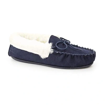 Image of Mokkers EMILY Ladies Suede Moccasin Slippers Navy UK 8