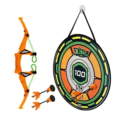 Image of Zing Air Storm Bullz Eye Bow, Includes 1 3 Velcro Tipped Arrows and Target, Safely Shoots Over 35ft, Short Range Indoor or Outdoor Active Play, Great Bow Arrow Toy (Colors May Vary)