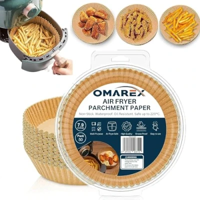 Image of Air Fryer Liners, 50 PCS 7.9 Inch Greaseproof Round Parchment Paper Liner, OMAREX Premium Quality Disposable Airfryer Liners Accessories for Baking, Microwave Roasting