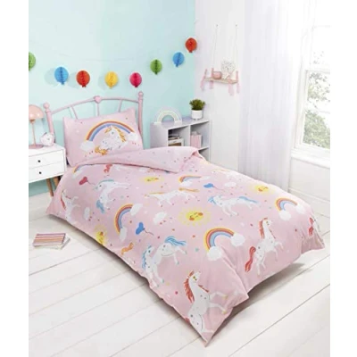 Image of Rapport Home Girl&#039;s Toddler Duvet Cover Bed Set Unicorn Rainbow Glow in The Dark, Polycotton, Multicoloured