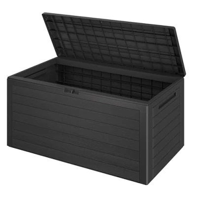 Image of Deuba® Garden Storage Box Wooden Look Weatherproof Heavy Duty Plastic Outdoor Cushion With Hinged Lid Chest 280L Capacity 120x46x57cm Dark Grey Anthracite