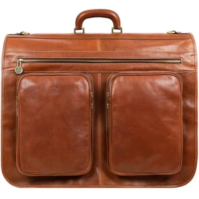 Image of Leather Garment Bag Suit Duffel Slim Carry on Suitcase Dress Protection Brown Time Resistance