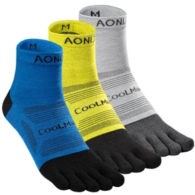 Image of AONIJIE 3 Pairs Toe Socks for Men and Women High Performance Athletic Running Five Finger Socks, Mini Crew, E4840# Pairs/Blue, Yellow, Light gray, Medium
