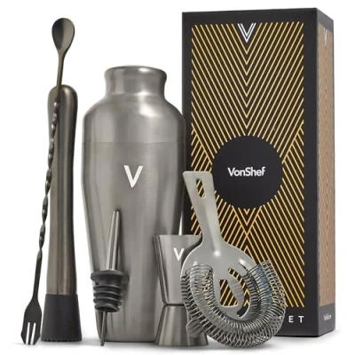 Image of VonShef Cocktail Shaker Set, Graphite 6pc Set with 550ml Parisian Shaker, Professional Bartender for Home Bar, Including Strainer, Muddler, Jigger &amp; Other Bar Accessories inside Gift Box