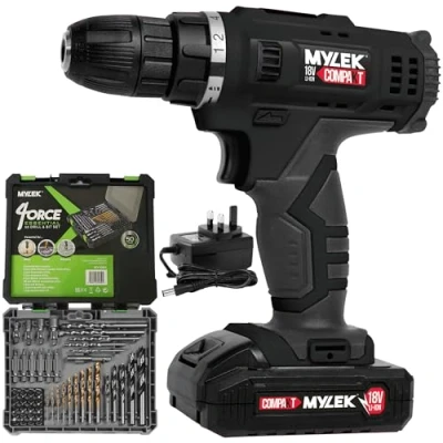 Image of MYLEK MYW09 18V Cordless Drill Electric Screwdriver Set, Powerful Lithium Ion Battery Pack, 18 Volts Combi Driver with 4ORCE Accessory Kit (50 Piece)
