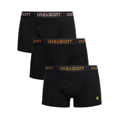 Image of Lyle &amp; Scott Men’s Barclay 3 Pack Cotton Trunk Boxer Shorts New for AW24 Comfortable Stretch Fabric with Branded Waistband (M, Regular, Black/Multi Waistbands)