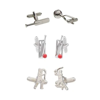 Image of Set of 3 Pairs Mens Shirt Cufflinks including Cricketer Cricket Stumps and Bat with Red Ball Presented in Cufflink Gift Box