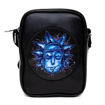 Image of Rick and Morty Bag, Crossbody, Lenticular Face Expression Applique, Vegan Leather, Black, 8.25&quot; x 6.5&quot;