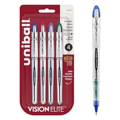 Image of uni ball Vision Elite Rollerball Pens, Bold Point (0.8mm), Assorted Colors, 4 Count