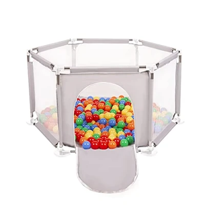 Image of Selonis Hexagon 6 Side Play Pen with 200 Balls, Grey:Yellow/Green/Blue/Red/Orange