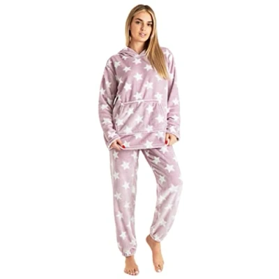 Image of CityComfort Womens Pyjamas, Hooded Fleece Pyjamas Women and Teens, Fluffy Loungewear Set, Cosy PJs (Pink Star, L)