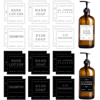 Image of 24Pcs Waterproof Bottle Labels, Bathroom Hand Soap Shampoo Conditioner Dispenser Label Stickers Removable Self Adhesive for Kitchen (Black and White)